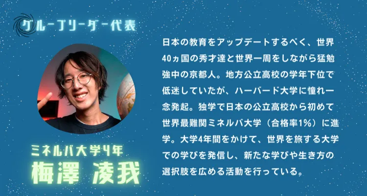 グループリーダー代表　梅澤 凌我さん（ミネルバ大学4年）